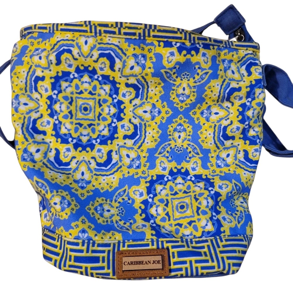 Caribbean Joe Medallion Print Canvas Crossbody Bag Blue Yellow Tropical Purse‎